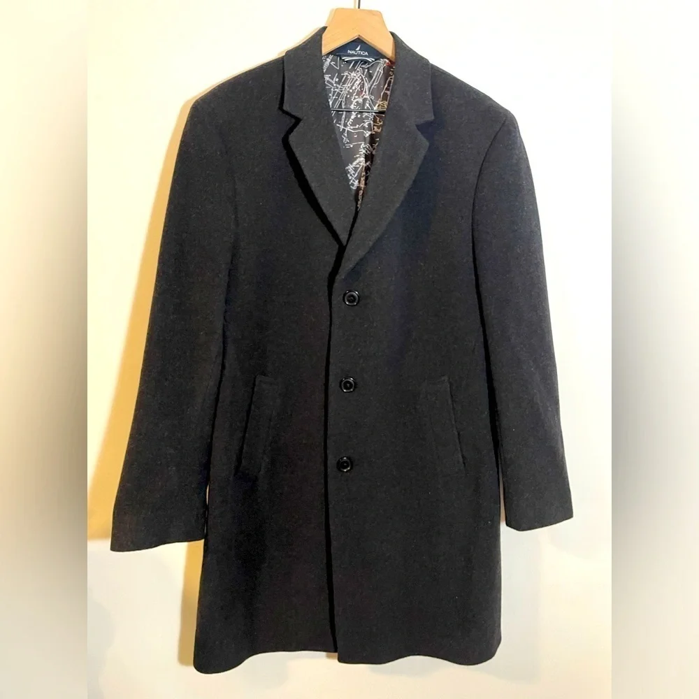 Nautica Barge Overcoat Classic Fit Wool Cashmere Blend Lined 40R Dark Gray $450